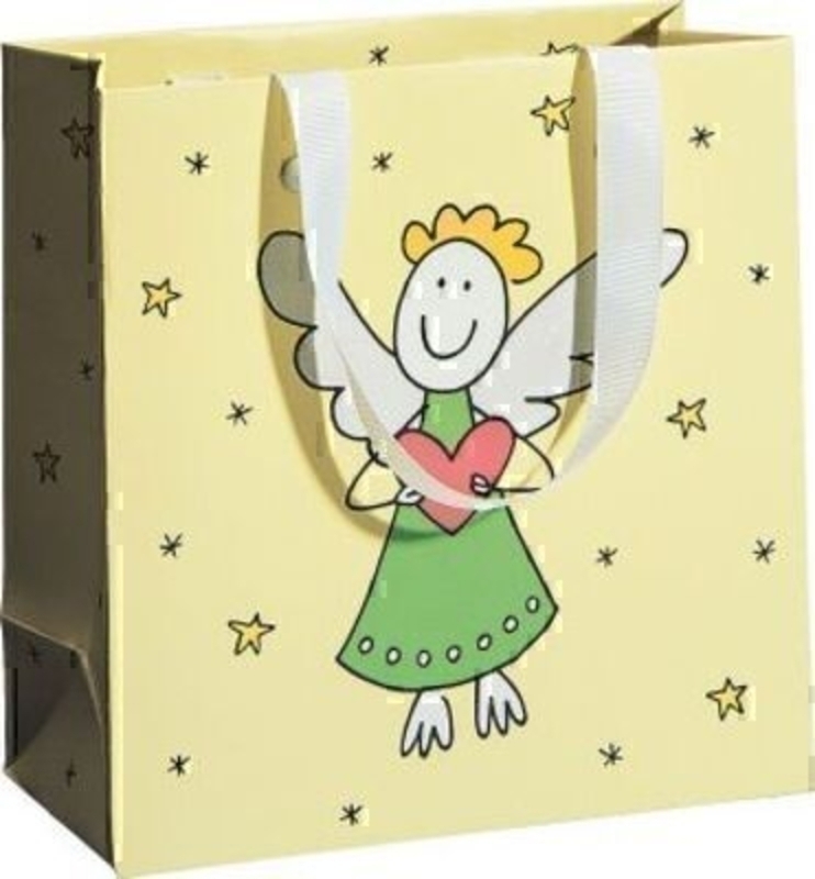 Yellow Christmas angel drawing gift bag Chiara by Swiss designer Stewo. This quality gift bag by Swiss designer Stewo will not disappoint. It has all the quality and detailing you would expect from Stewo. This gift bag is made from matt laminated paper wi